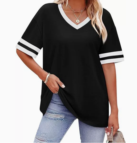 WIHOLL Women's Loose Short-Sleeve V-Neck Color Block T-Shirt, $29, Buy one get one free for a limited time, 2026 Summer New Arrival, Sizes S-3XL