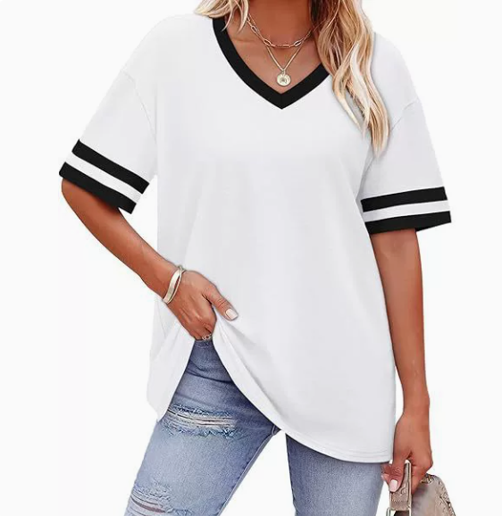 WIHOLL Women's Loose Short-Sleeve V-Neck Color Block T-Shirt, $29, Buy one get one free for a limited time, 2026 Summer New Arrival, Sizes S-3XL