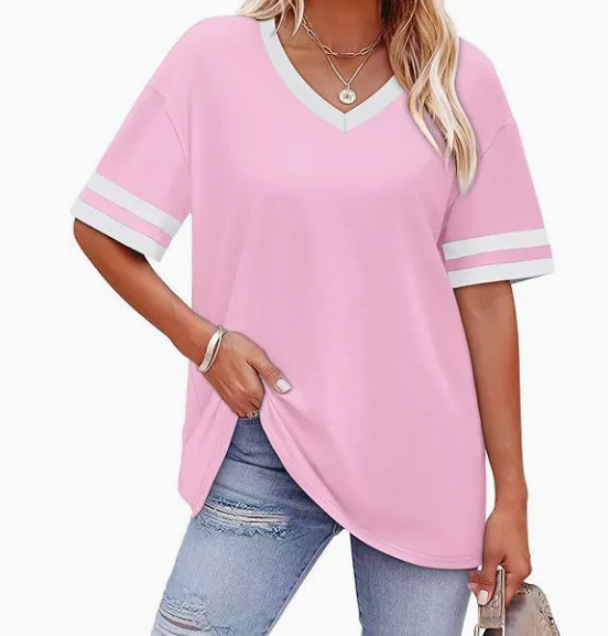 WIHOLL Women's Loose Short-Sleeve V-Neck Color Block T-Shirt, $29, Buy one get one free for a limited time, 2026 Summer New Arrival, Sizes S-3XL
