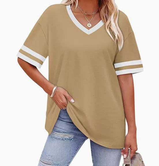 WIHOLL Women's Loose Short-Sleeve V-Neck Color Block T-Shirt, $29, Buy one get one free for a limited time, 2026 Summer New Arrival, Sizes S-3XL