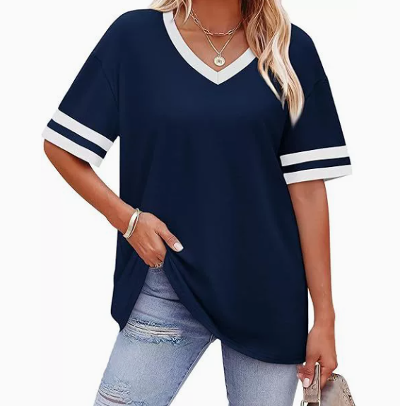 WIHOLL Women's Loose Short-Sleeve V-Neck Color Block T-Shirt, $29, Buy one get one free for a limited time, 2026 Summer New Arrival, Sizes S-3XL