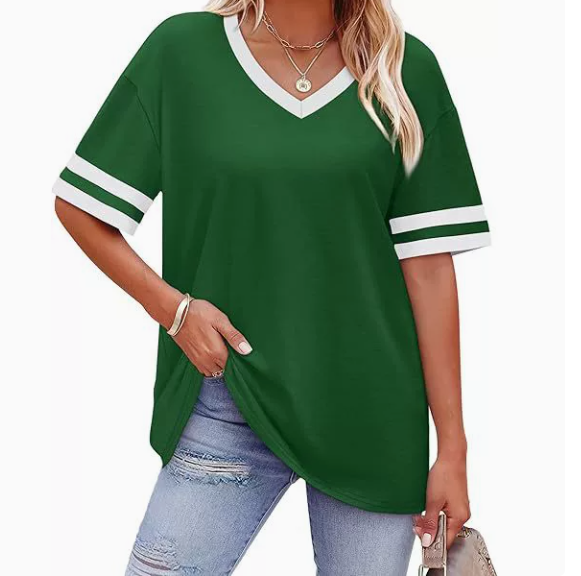 WIHOLL Women's Loose Short-Sleeve V-Neck Color Block T-Shirt, $29, Buy one get one free for a limited time, 2026 Summer New Arrival, Sizes S-3XL