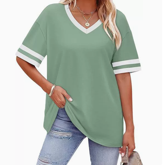 WIHOLL Women's Loose Short-Sleeve V-Neck Color Block T-Shirt, $29, Buy one get one free for a limited time, 2026 Summer New Arrival, Sizes S-3XL