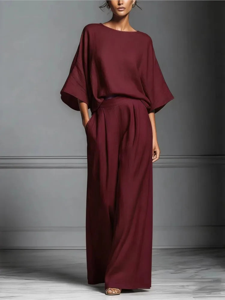 Luxury Linen 2-Piece Set – Elegant Wide-Leg Trousers & Soft Top
