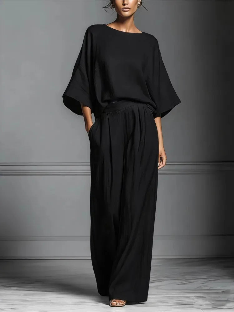 Luxury Linen 2-Piece Set – Elegant Wide-Leg Trousers & Soft Top