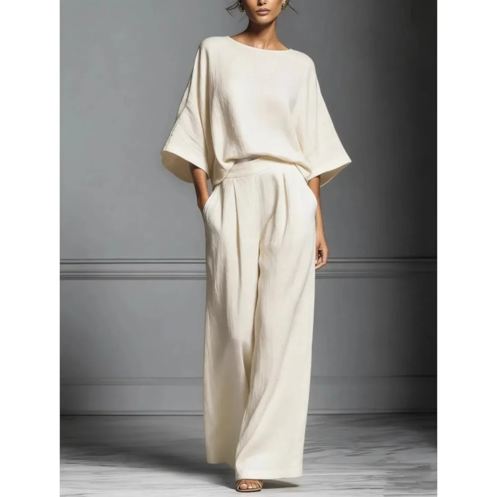 Luxury Linen 2-Piece Set – Elegant Wide-Leg Trousers & Soft Top