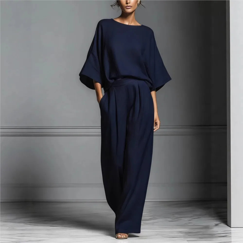 Luxury Linen 2-Piece Set – Elegant Wide-Leg Trousers & Soft Top
