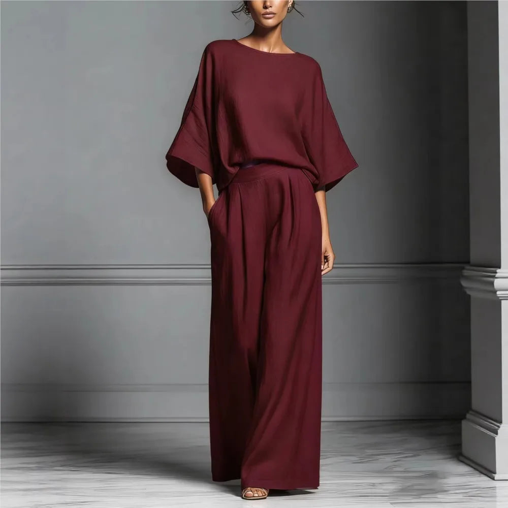 Luxury Linen 2-Piece Set – Elegant Wide-Leg Trousers & Soft Top