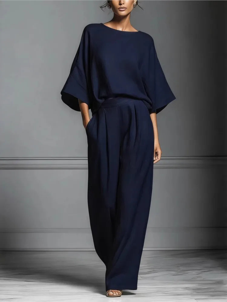 Luxury Linen 2-Piece Set – Elegant Wide-Leg Trousers & Soft Top
