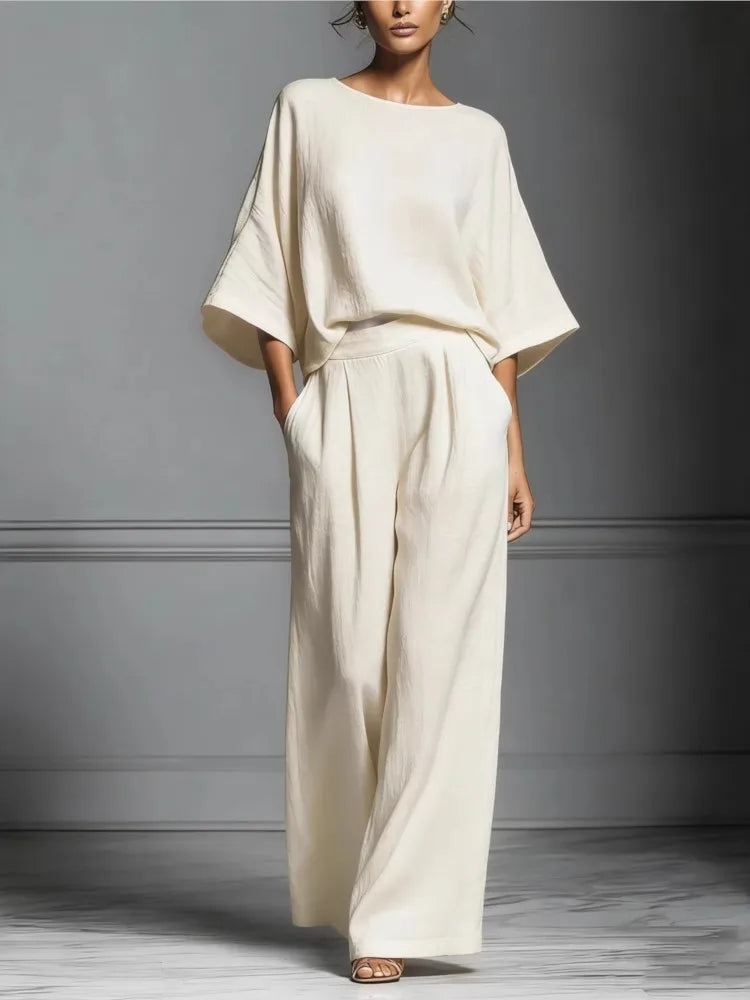 Luxury Linen 2-Piece Set – Elegant Wide-Leg Trousers & Soft Top
