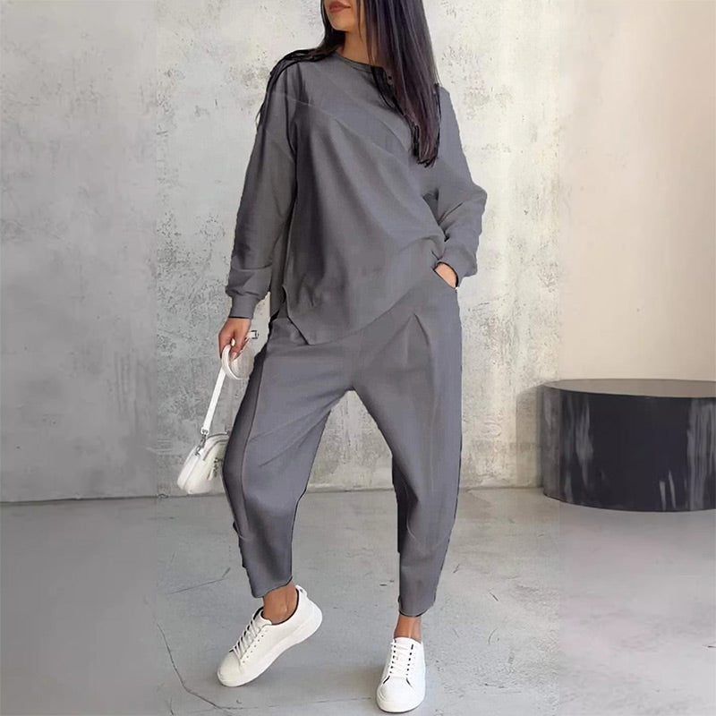 💕Conjunto de sudadera de manga larga con bajo irregular y pantalones para mujer