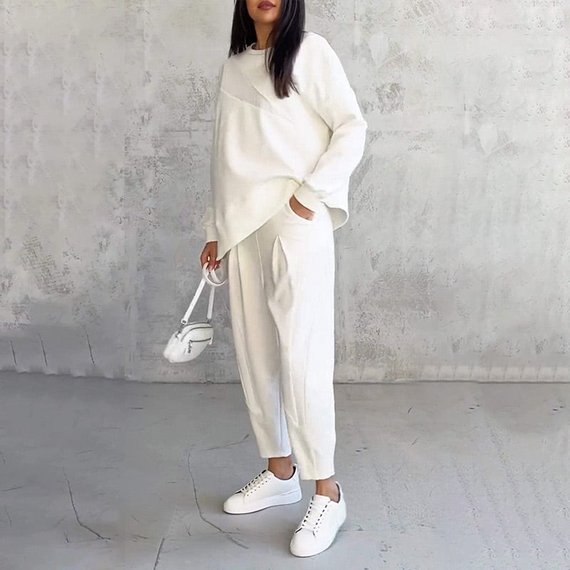 💕Conjunto de sudadera de manga larga con bajo irregular y pantalones para mujer