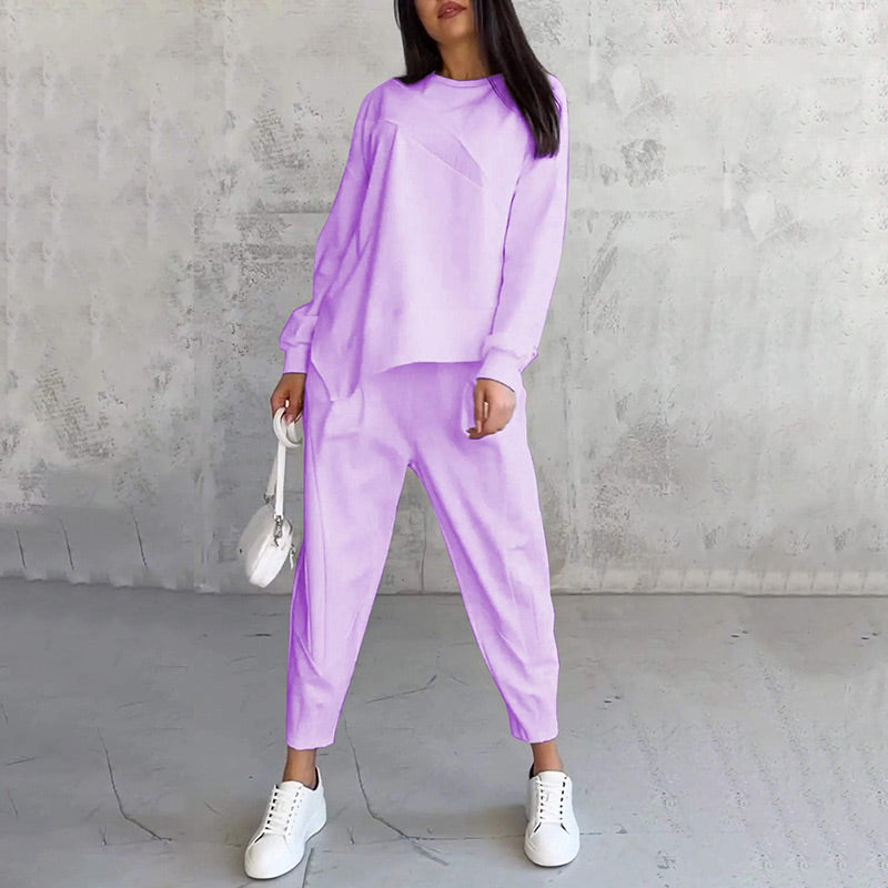 💕Conjunto de sudadera de manga larga con bajo irregular y pantalones para mujer